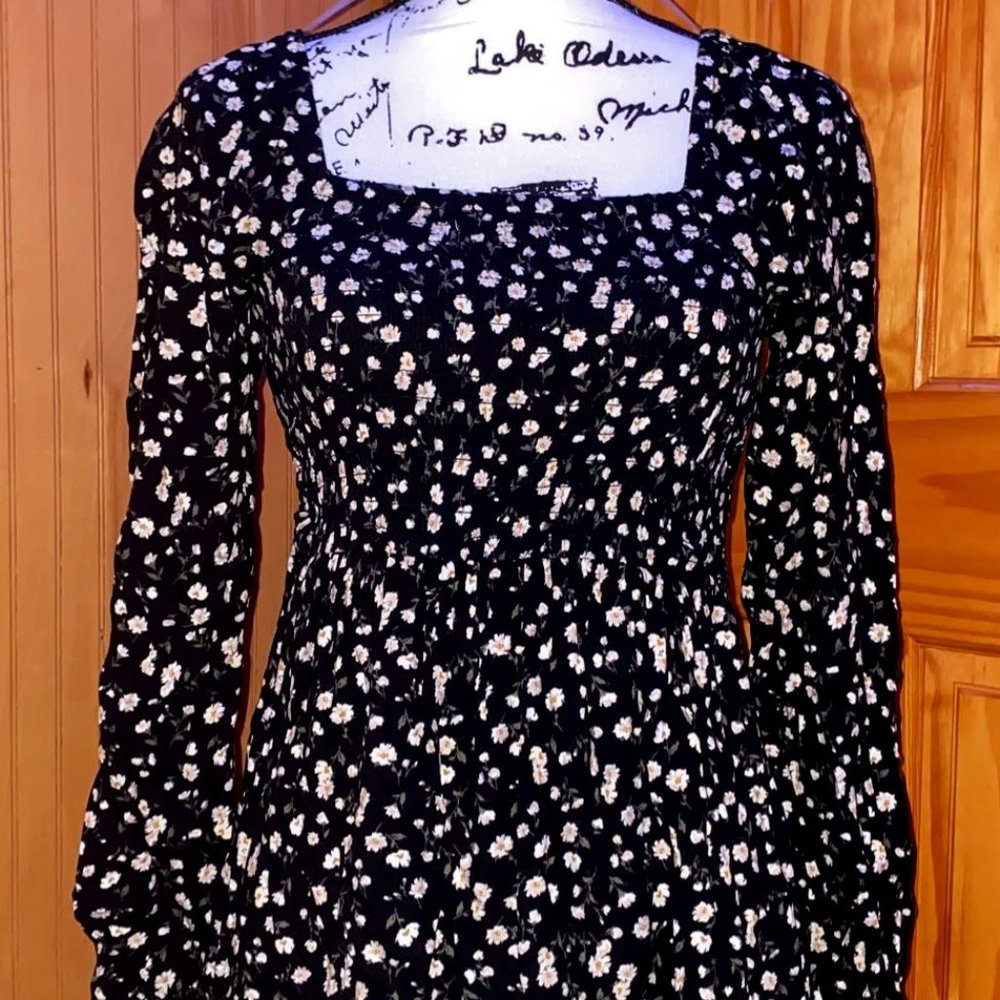 Arizona Jean Co, Black Floral Print, Long Sleeve, Mini Dress, Size S